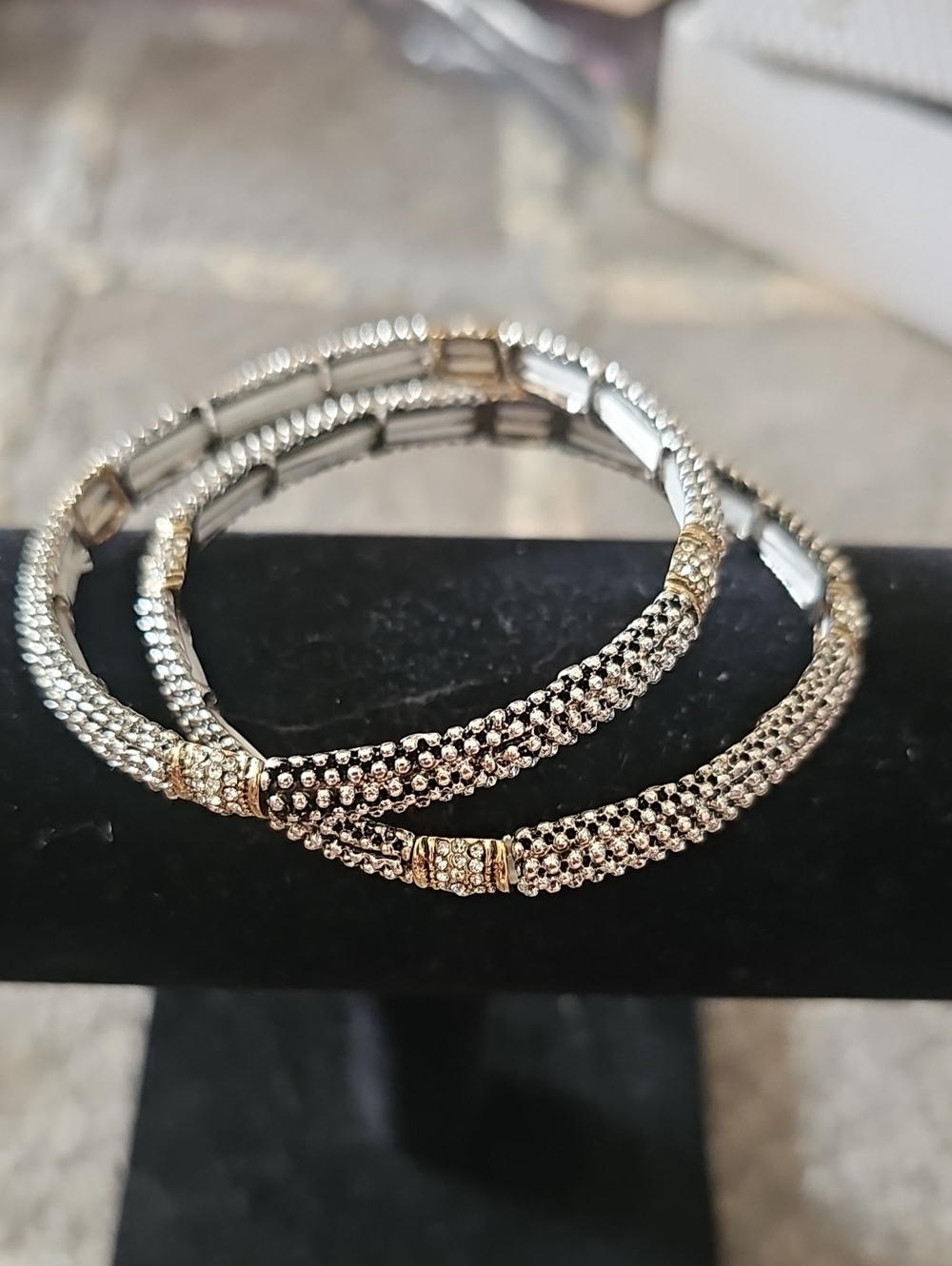 Two-Tone Silver and Gold Women's Beaded Stretch Bracelet Set